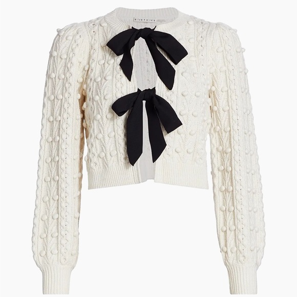 Alice + Olivia Sweaters - Alice + Olivia Kitty Puff-Sleeve Cardigan Size XS Oversized Cream White Black